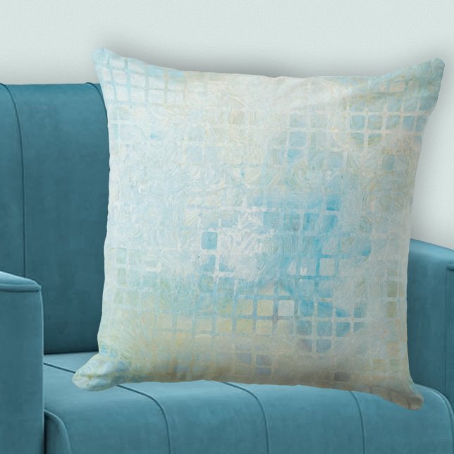 Seafoam Abstract gebarsten patroonpiloot Kussen (Pillow featuring a checkered pattern in turquoise blue, off white and pale green - beach house)