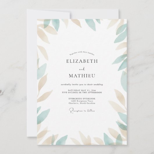 Seafoam Champagne Blad Bruiloft Kaart (Voorkant)
