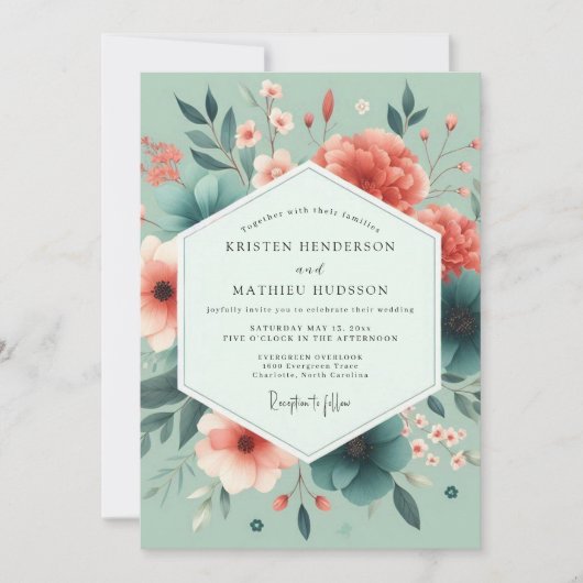 Seafoam Coral Vivid Flora Wedding Kaart (Voorkant)