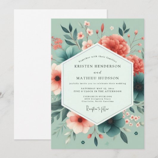 Seafoam Coral Vivid Flora Wedding Kaart (Voorkant / Achterkant)