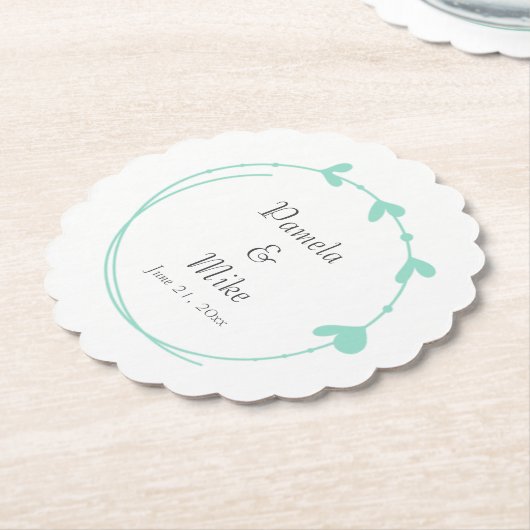 Seafoam Eenvoudige Hart Krans Bruiloft Kartonnen Onderzetters (Gekanteld)