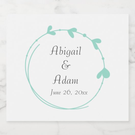 Seafoam Eenvoudige Hart Krans Bruiloft Sparkling Wijnetiket (Enkel label)