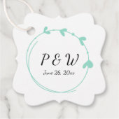 Seafoam Eenvoudige Hart Krans Monogram Huwelijk Bedankjes Labels (Voorkant)