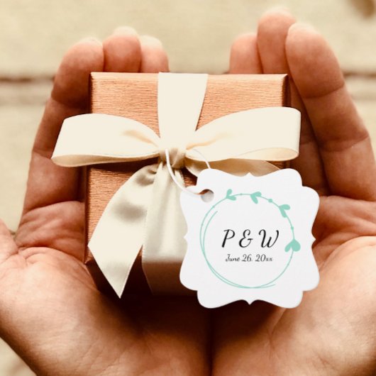 Seafoam Eenvoudige Hart Krans Monogram Huwelijk Bedankjes Labels