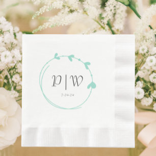 Seafoam Eenvoudige Hart Krans Monogram Huwelijk Servet