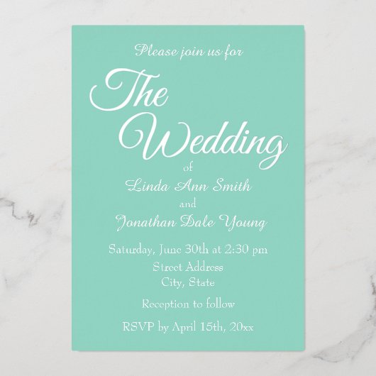 Seafoam eenvoudige stijl bruiloft folie uitnodiging (Voorkant)