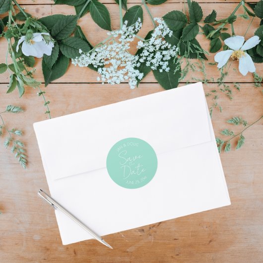 Seafoam gestileerde bruiloft Save the Date Ronde Sticker