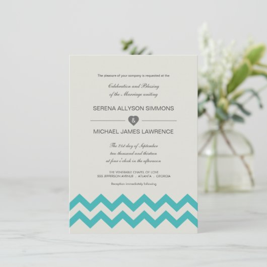 Seafoam Green & Blauwgroen Chevron Wedding Invitat Kaart (Staand voorkant)