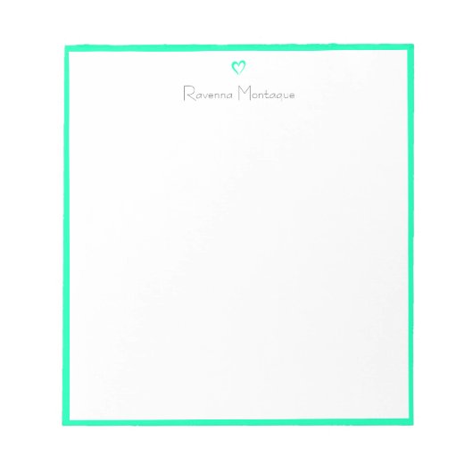 Seafoam Green Border and Heart Custom Script Name Notitieblok (Voorkant)