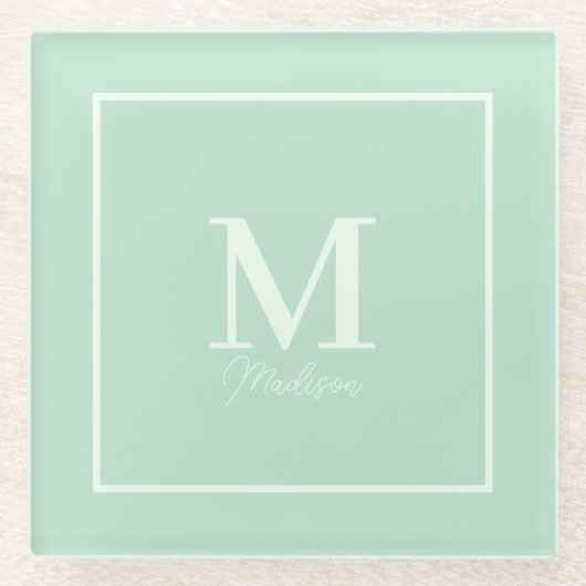 Seafoam Green Custom Monogram Naam Glazen Onderzetter (Voorkant)