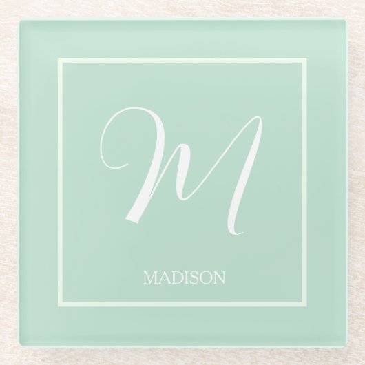 Seafoam Green Custom Monogram Naam Glazen Onderzetter (Voorkant)