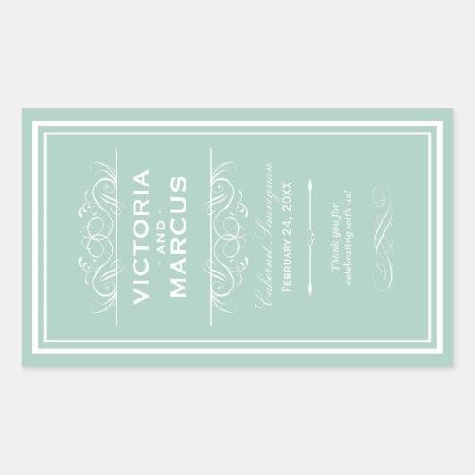 Seafoam Green Elegant Bruiloft Monogram Wijnfles Rechthoekige Sticker (Voorkant)