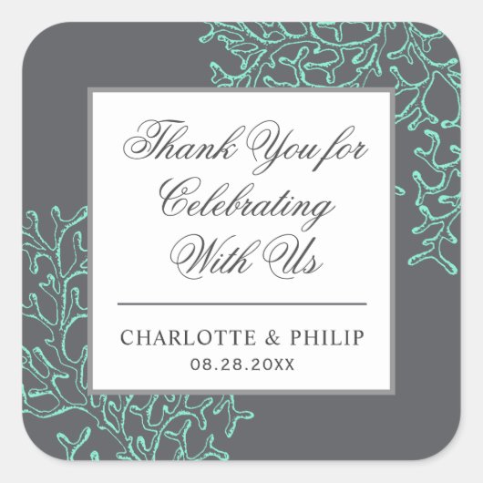 Seafoam Green en Gray Coastal Weddenschap Dank u Vierkante Sticker (Voorkant)