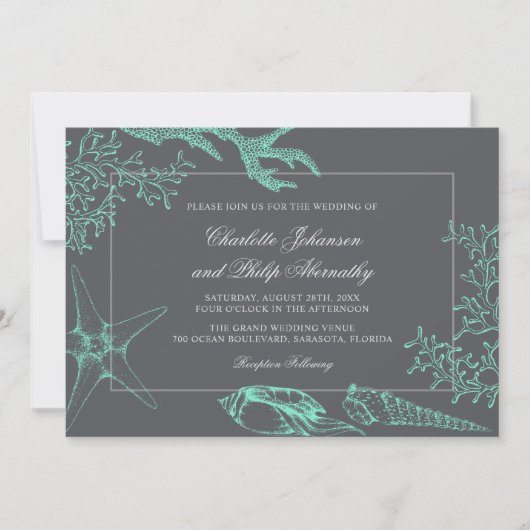Seafoam Green en Grey Coastal Wedding Kaart (Voorkant)