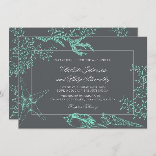 Seafoam Green en Grey Coastal Wedding Kaart (Voorkant / Achterkant)