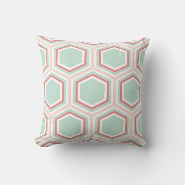 Seafoam Green en Oranje Hexagon Pattern Kussen (Voorkant)