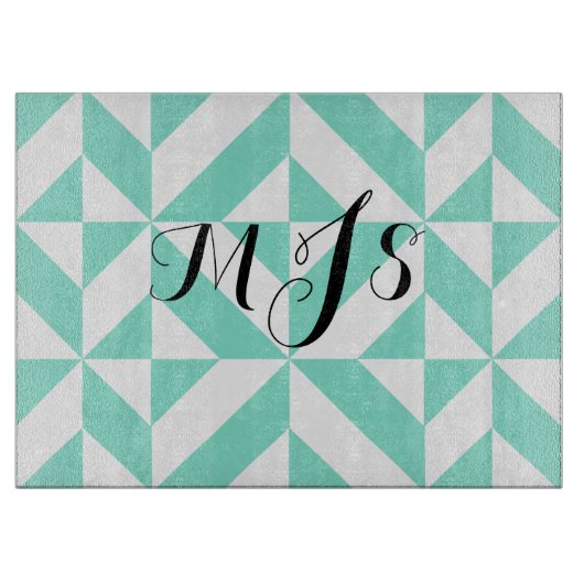 Seafoam Green Monogram Geometric Cube Patroon Snijplank (Voorkant)