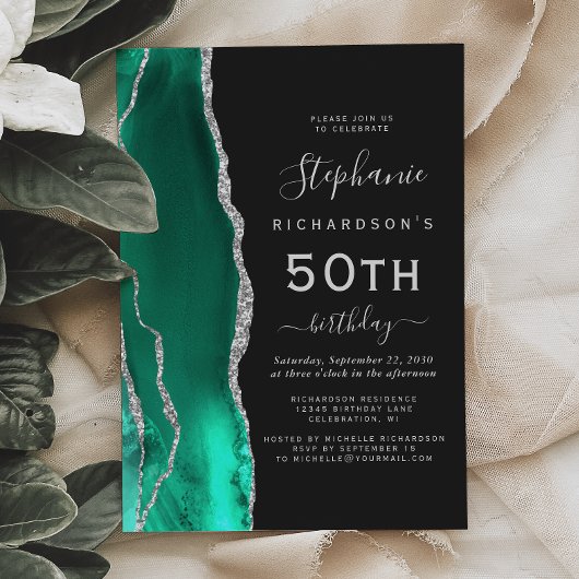 Seafoam Green Silver Agate Dark 50th Birthday Kaart