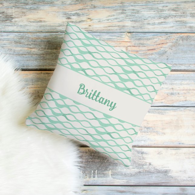 Seafoam Green Waves Personalized Coastal Decor Kussen (Seafoam Green Teal Wave Pattern Coastal Decor Throw Pillow)