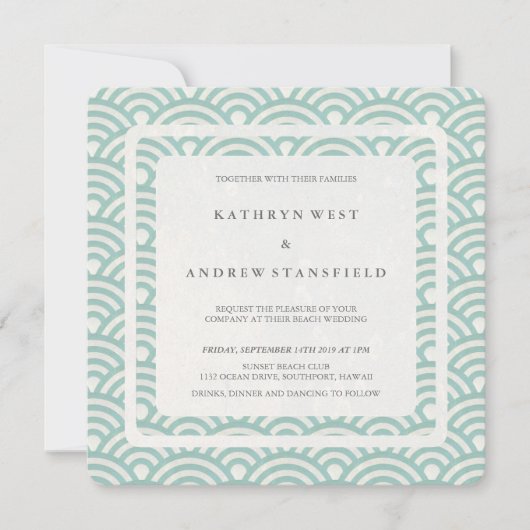 Seafoam Green+White Stillzed Waves Modern Wedding Kaart (Voorkant)