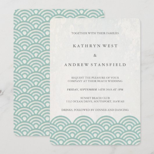 Seafoam Green+White Stylized Waves Elegant Wedding Kaart (Voorkant / Achterkant)