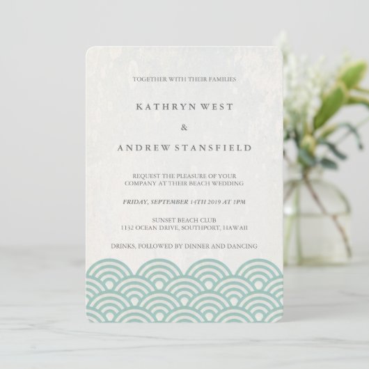 Seafoam Green+White Stylized Waves Elegant Wedding Kaart (Staand voorkant)