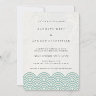 Seafoam Green+White Stylized Waves Elegant Wedding Kaart