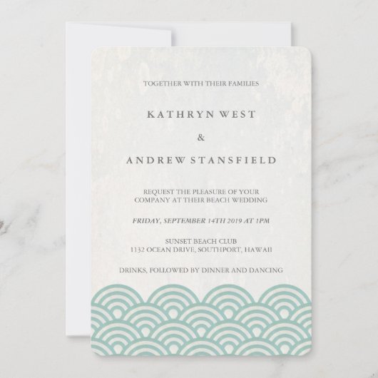 Seafoam Green+White Stylized Waves Elegant Wedding Kaart (Voorkant)