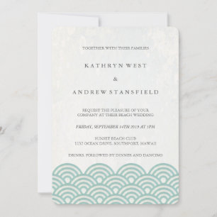 Seafoam Green+White Stylized Waves Elegant Wedding Kaart