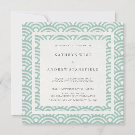 Seafoam Green + White Waves Elegant Beach Wedding Kaart (Voorkant)