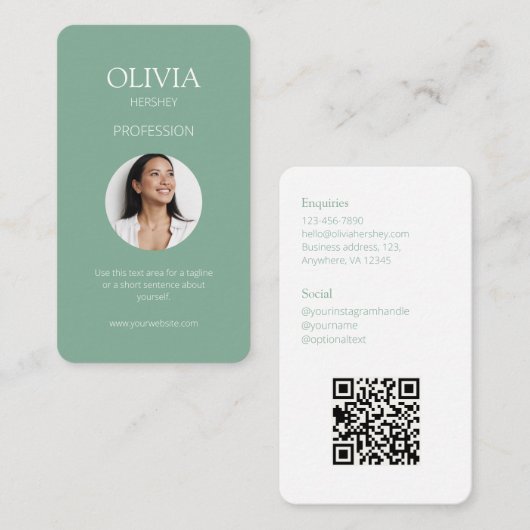 Seafoam Groene Foto Sociale QR Code Visitekaartje (Voorkant / Achterkant)