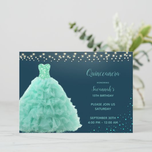  Seafoam Groene Jurk Onder Lichten Quinceanera Kaart (Staand voorkant)