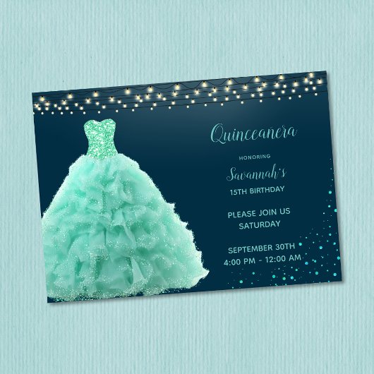 Seafoam Groene Jurk Onder Lichten Quinceanera Kaart