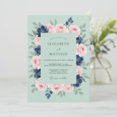 Seafoam Indigo Bloem Bruiloft Kaart (Staand voorkant)