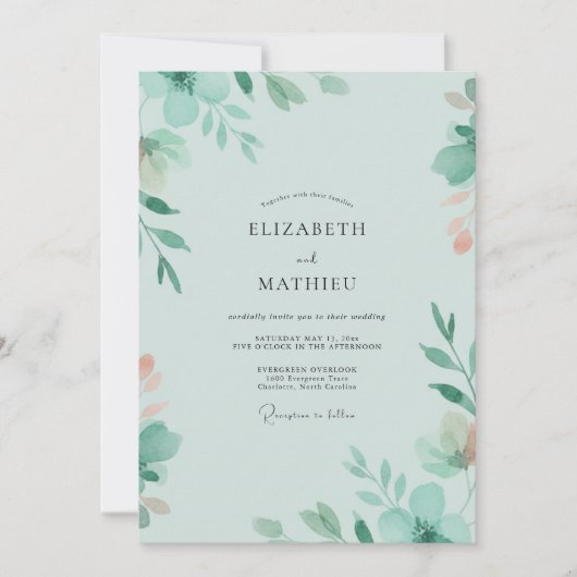 Seafoam Mint Blad Bruiloft Kaart (Voorkant)