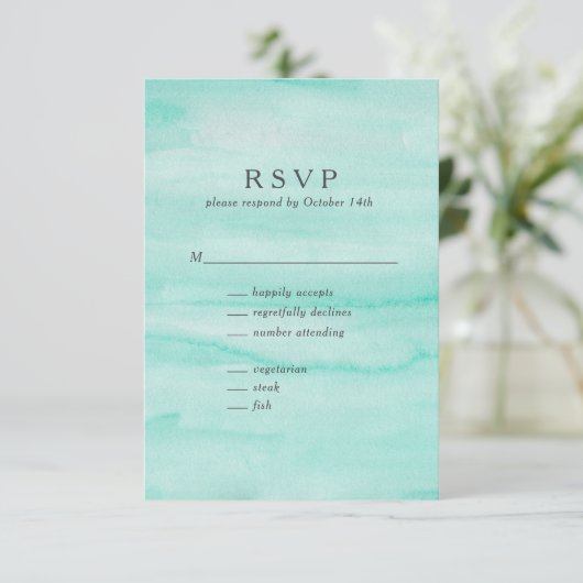 Seafoam Mint Green Abstracte Waterverf Wedding RSVP Kaartje (Staand voorkant)