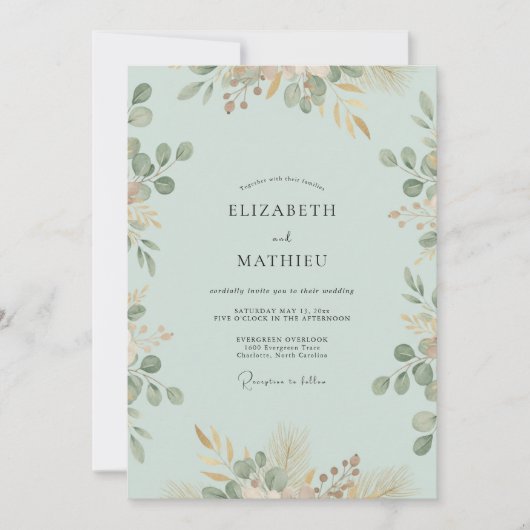 Seafoam Perzik Eucalyptus Bruiloft Kaart (Voorkant)