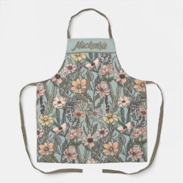 Seafoam Pink Yellow Retro Wildflower Custom Name Schort