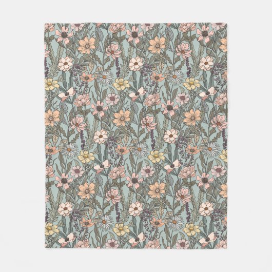 Seafoam Pink Yellow Retro Wildflower Fleece Deken (Voorkant)