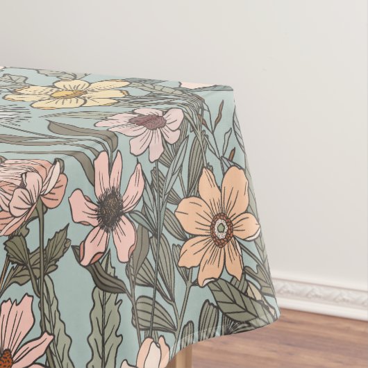 Seafoam Pink Yellow Retro Wildflower Tafelkleed (Voorbeeld)