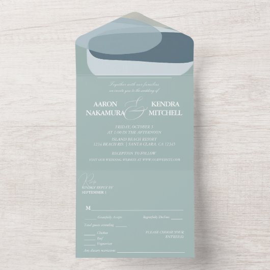 Seafoam Sage Groene Minimalistische Bruiloft All In One Uitnodiging (Binnen)