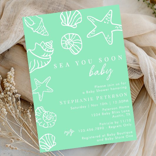 Seafoam Sea You Soon Coastal Beach Baby Shower Kaart