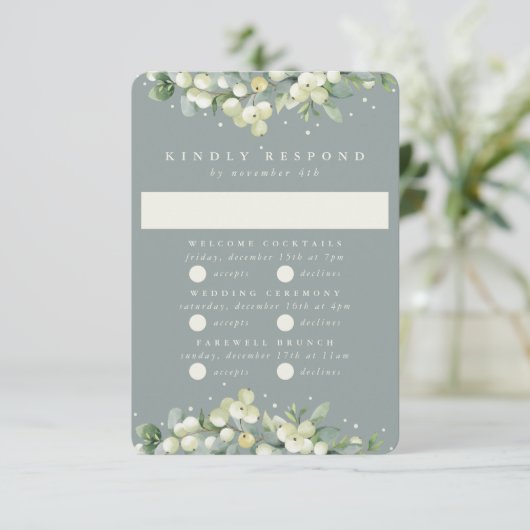Seafoam Snowberry + Eucalyptus Bruiloft Multi-Even RSVP Kaartje (Staand voorkant)