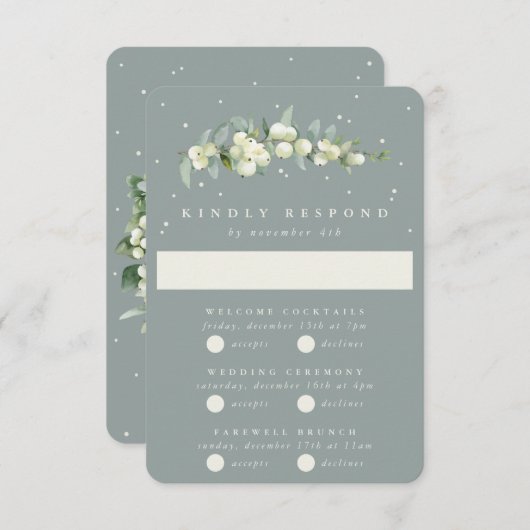 Seafoam Snowberry + Eucalyptus Bruiloft Multi-Even RSVP Kaartje (Voorkant / Achterkant)