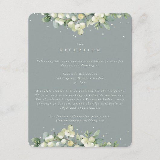 Seafoam Snowberry + Eucalyptus bruiloft receptie Informatiekaartje (Voorkant)