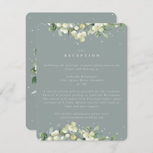 Seafoam Snowberry + Eucalyptus bruiloft receptie Informatiekaartje (Voorkant / Achterkant)
