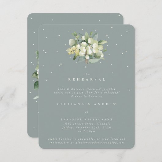 Seafoam Snowberry + Eucalyptus bruiloft repetitie Informatiekaartje (Voorkant / Achterkant)