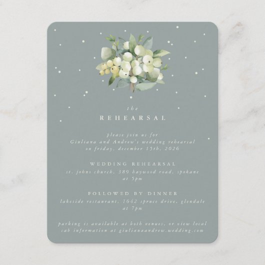 Seafoam Snowberry + Eucalyptus bruiloft repetitie Informatiekaartje (Voorkant)