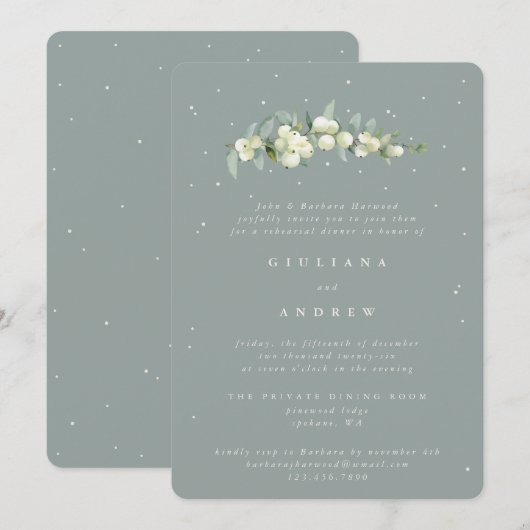 Seafoam Snowberry + Eucalyptus bruiloft repetitie Kaart (Voorkant / Achterkant)