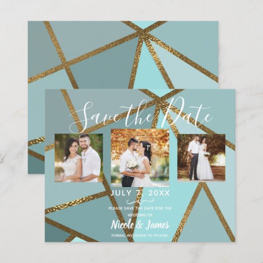 Seafoam Teal Brons Modern Trouw Save the Date (Voorkant / Achterkant)